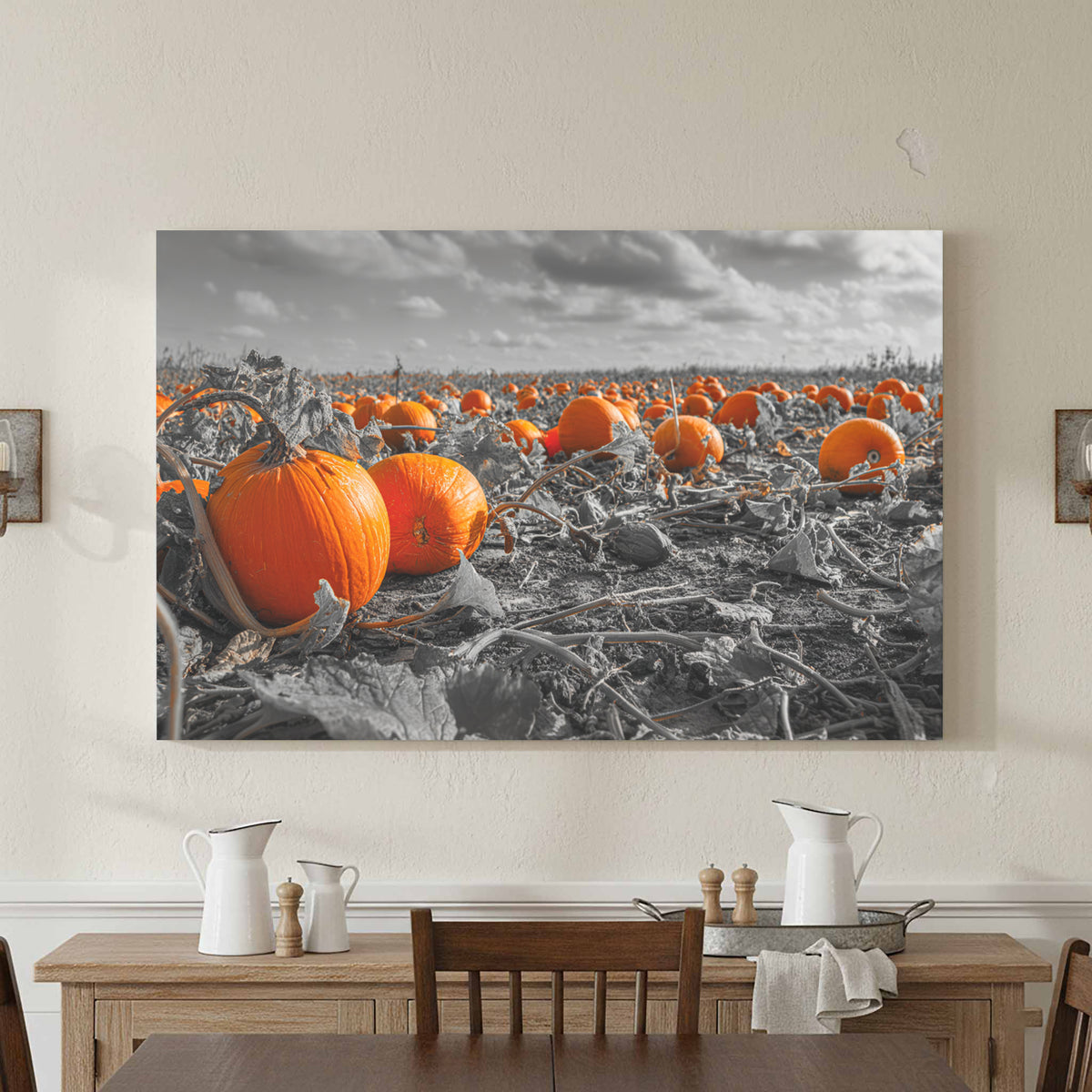 Orange Pumpkin Field Canvas Wall Art – styled room view 2