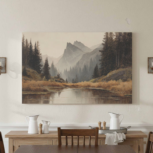 Mountain Landscape Canvas Wall Art – canvas print shown framed in a styled room