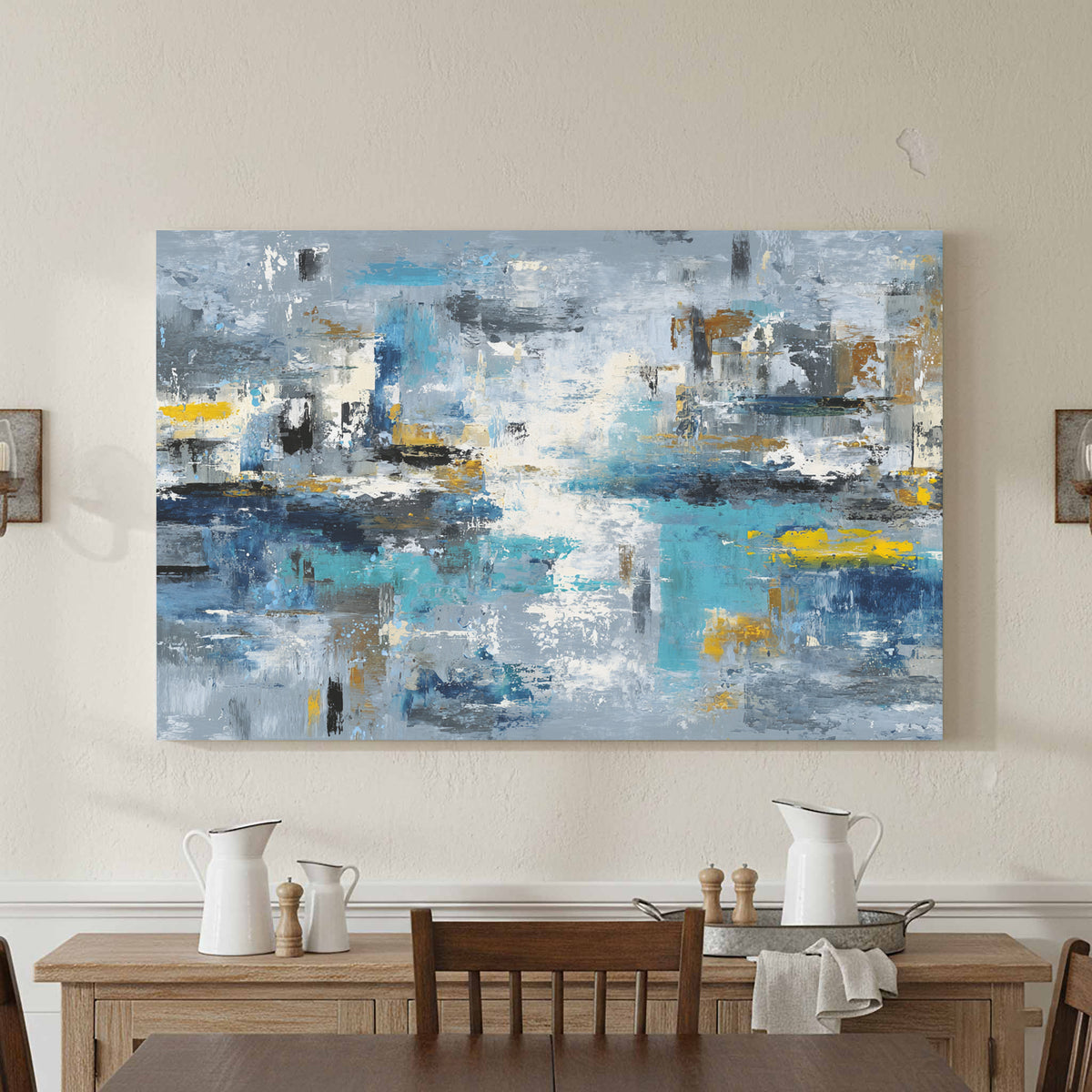 Abstract Blue Gray Canvas Wall Art – styled room view 2