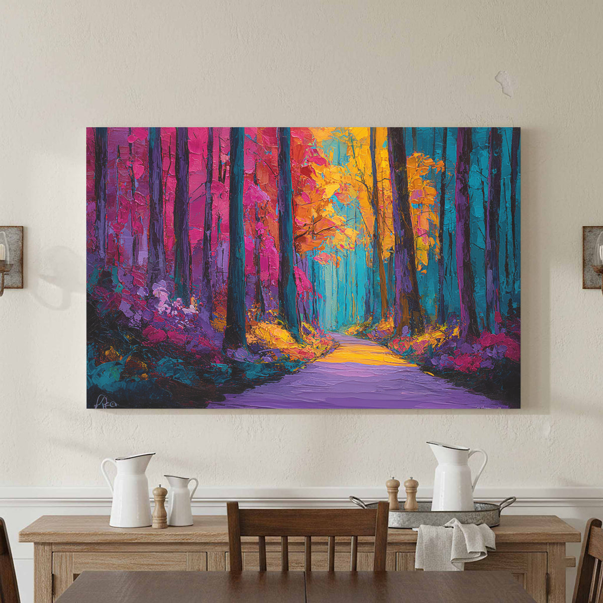Abstract Forest Path Canvas Art – styled room view 2