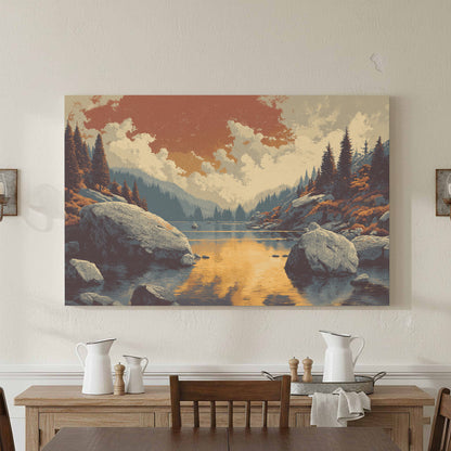 Mountain Lake Sunset Canvas Print – styled room view 3