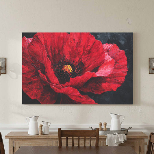 Red Poppy Canvas Wall Art – canvas print shown framed in a styled room