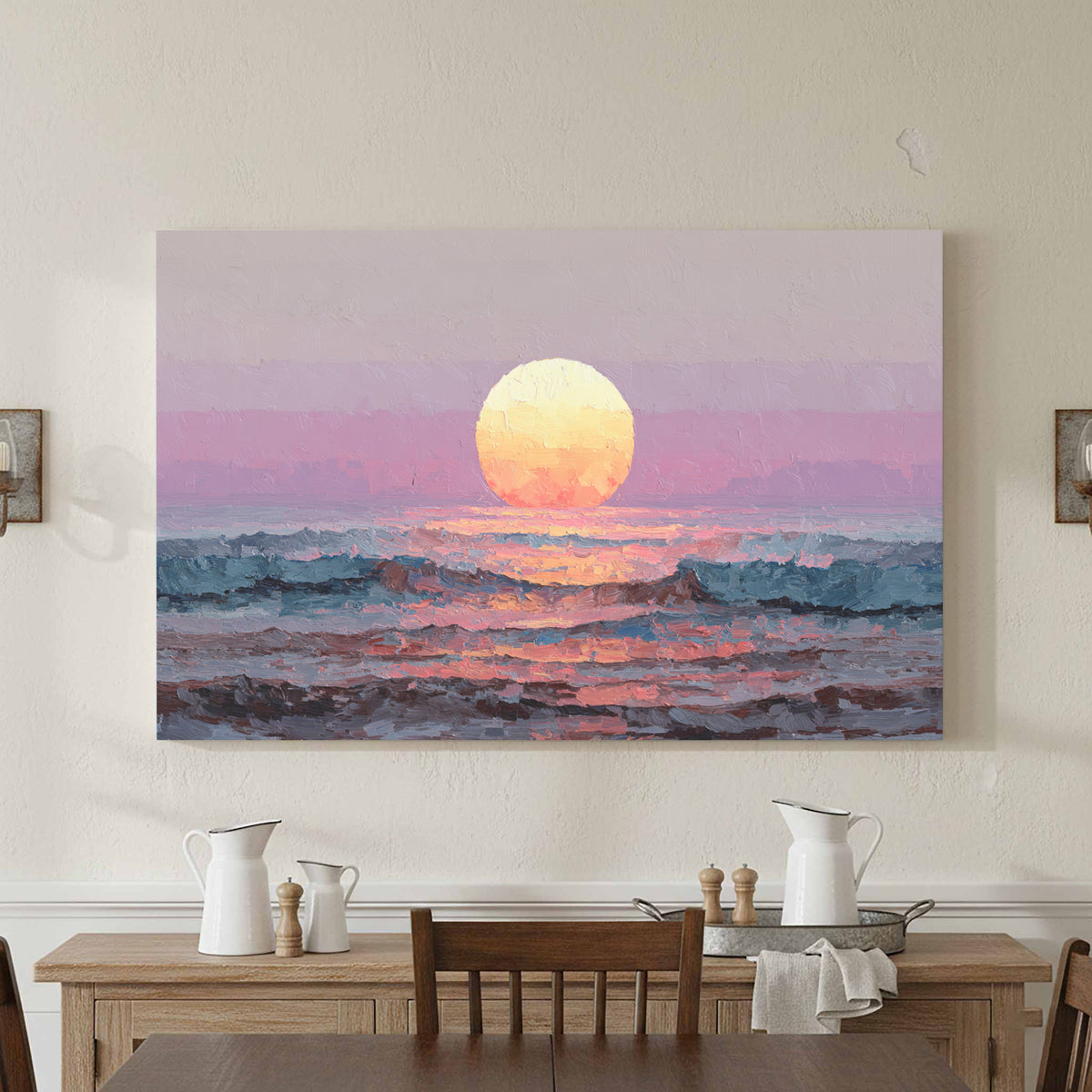 Vintage Coastal Sunset Canvas Wall Art – styled room view 2