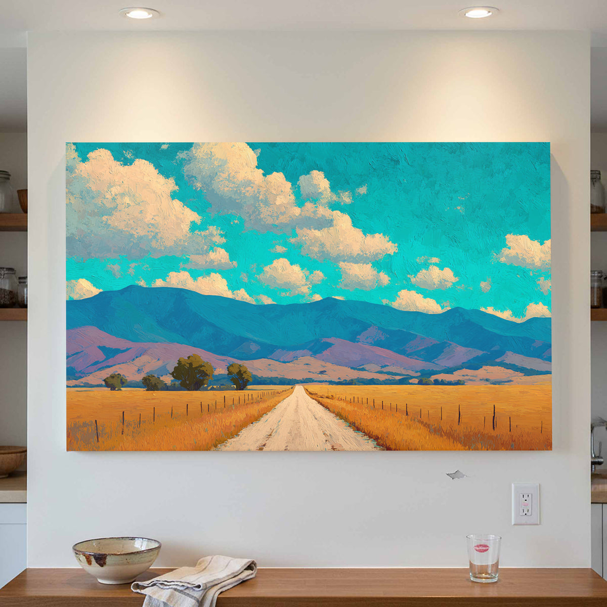 Mountain Road Landscape Canvas Wall Art – styled room view 3