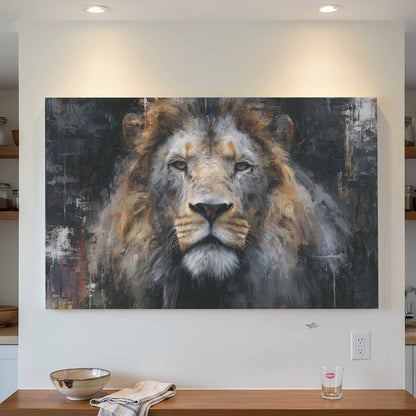 Modern Lion Portrait Canvas Wall Art – styled room view 3