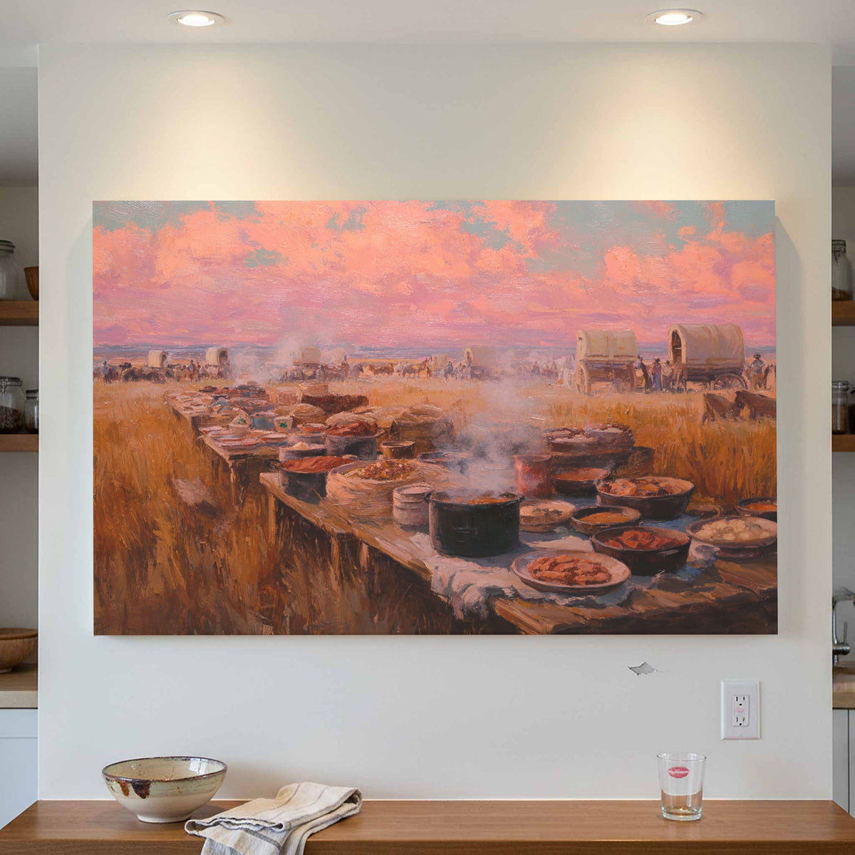 Western Chuckwagon Dinner Canvas Art – styled room view 4