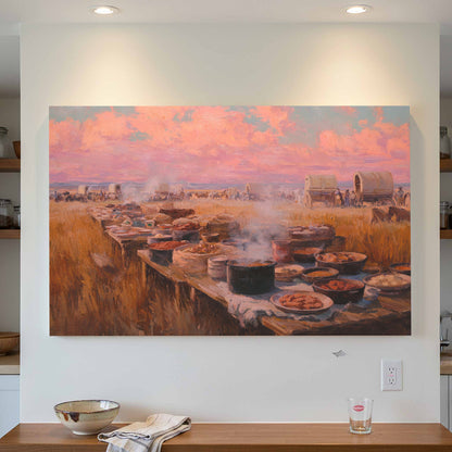 Western Chuckwagon Dinner Canvas Art – styled room view 4