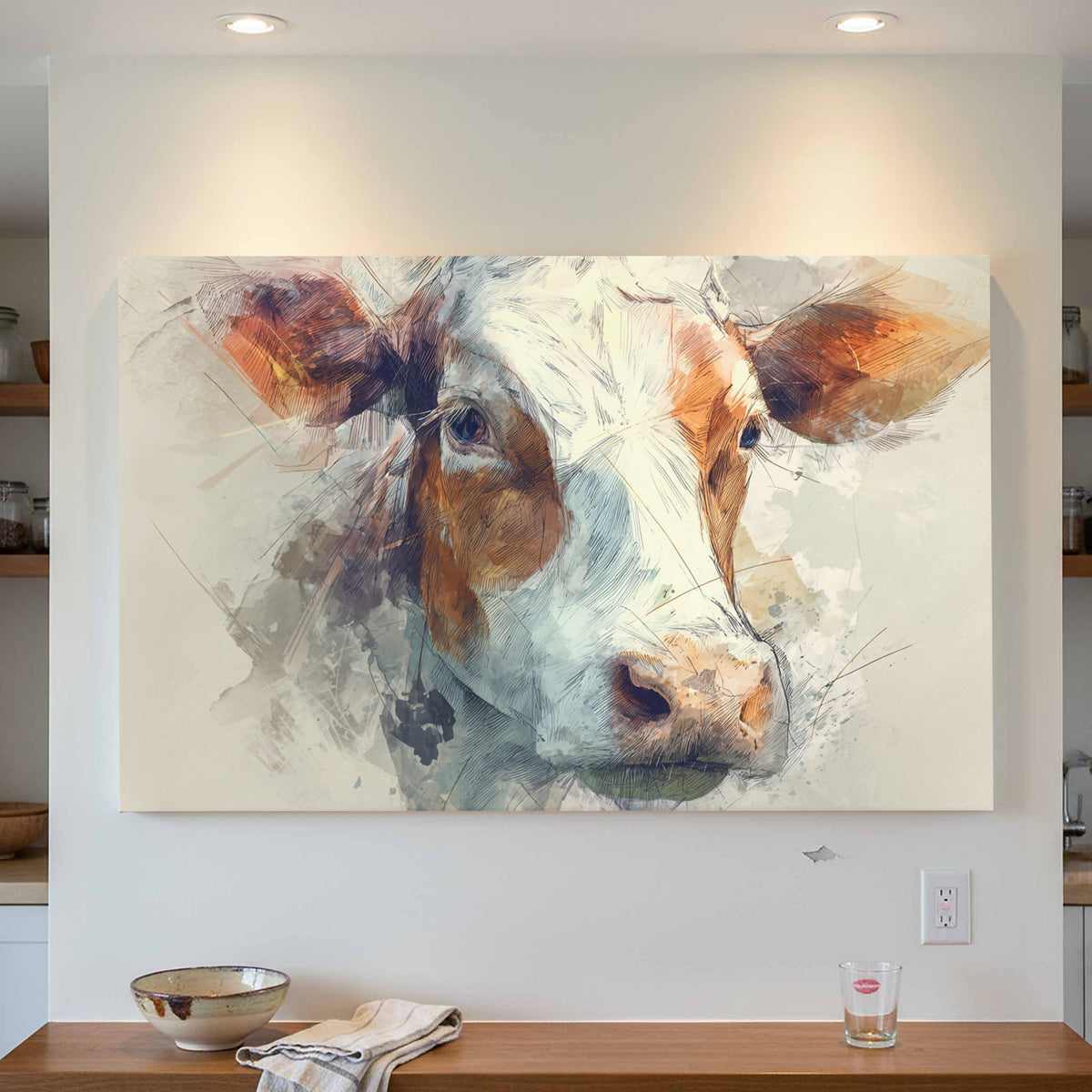 Cow Portrait Canvas Wall Art – styled room view 3