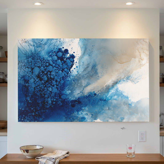 Abstract Blue Watercolor Canvas Print – canvas print shown framed in a styled room