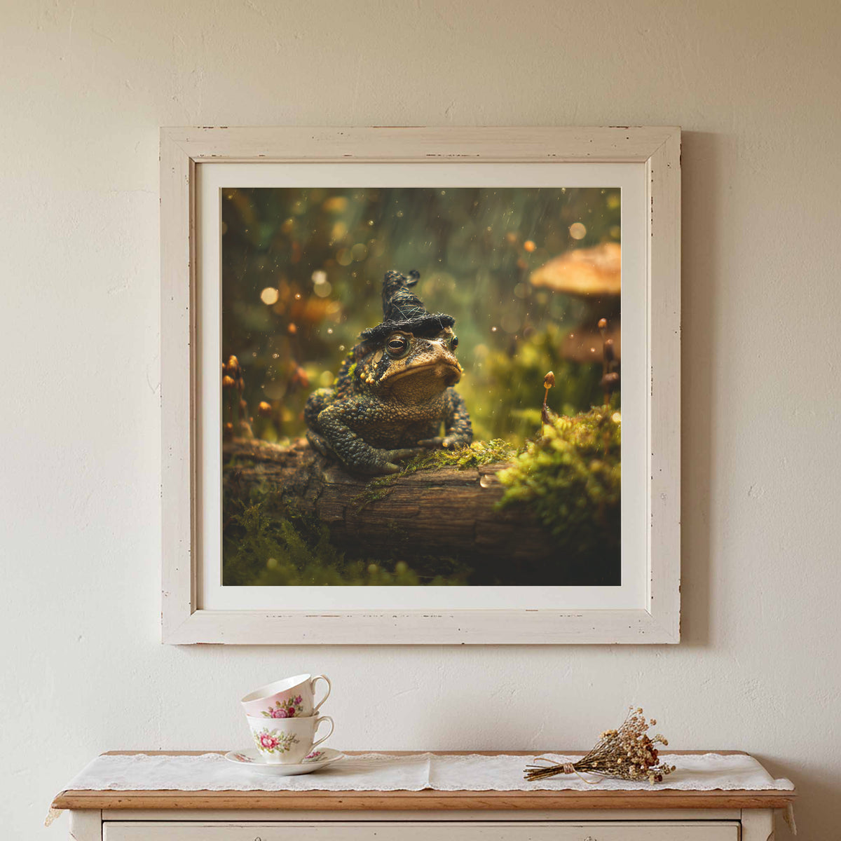 Grumpy Toad Witch Hat Canvas Print – canvas print shown framed in a styled room