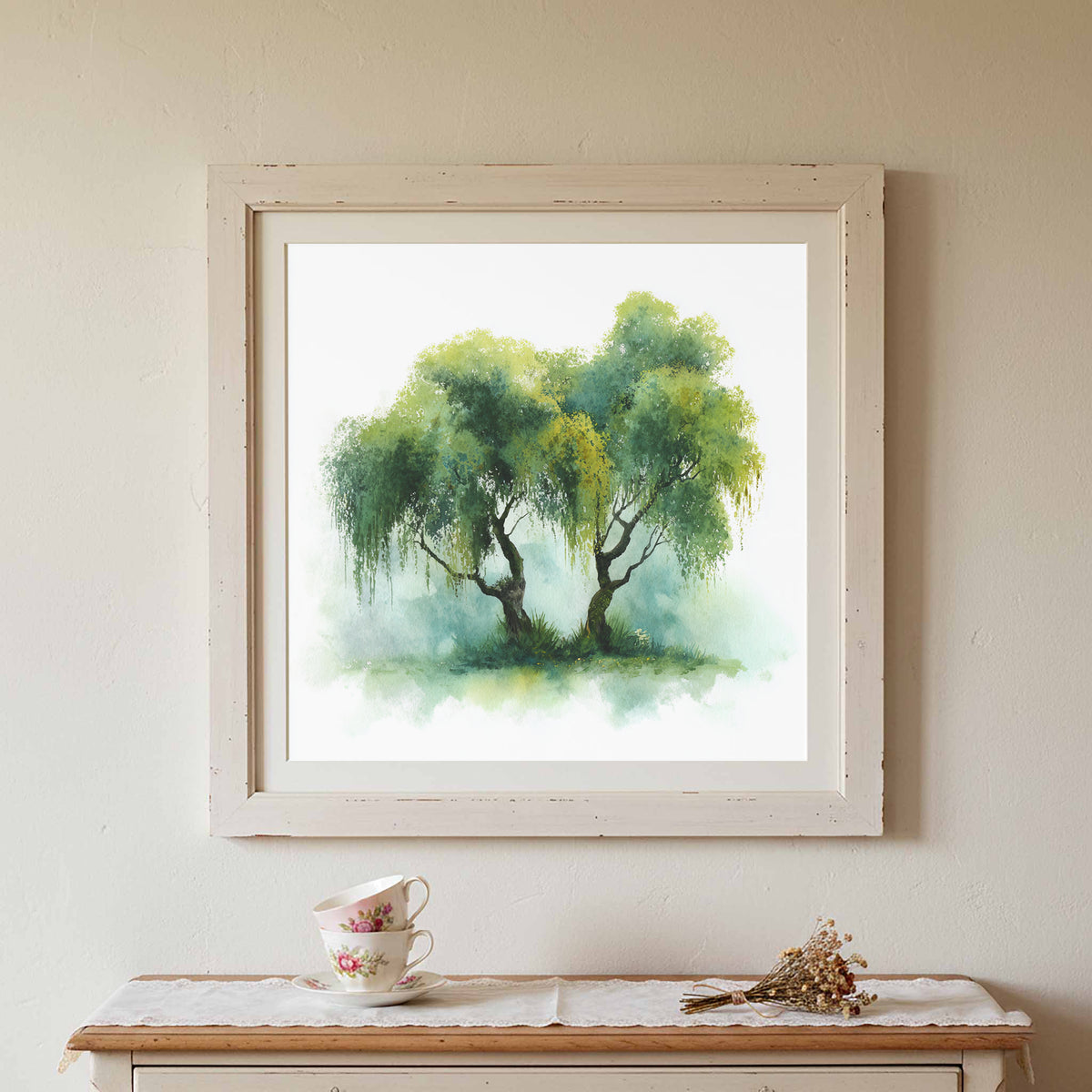 Weeping Willow Watercolor Print – canvas print shown framed in a styled room