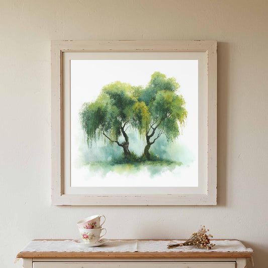 Weeping Willow Watercolor Print – canvas print shown framed in a styled room