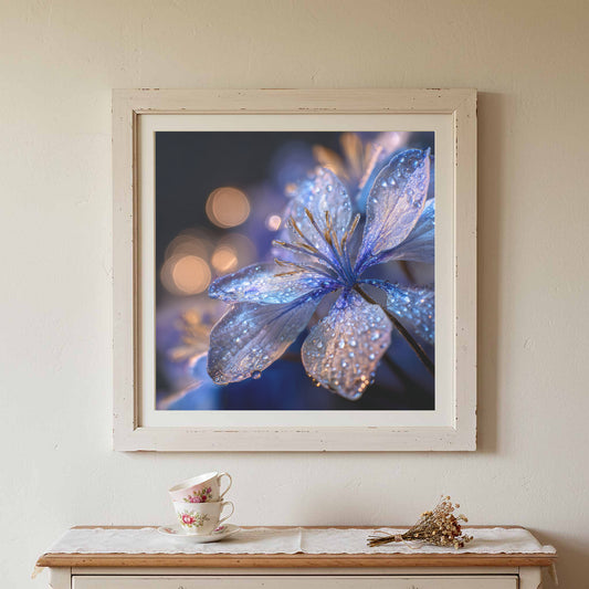Blue Flower Petal Canvas Wall Art – canvas print shown framed in a styled room