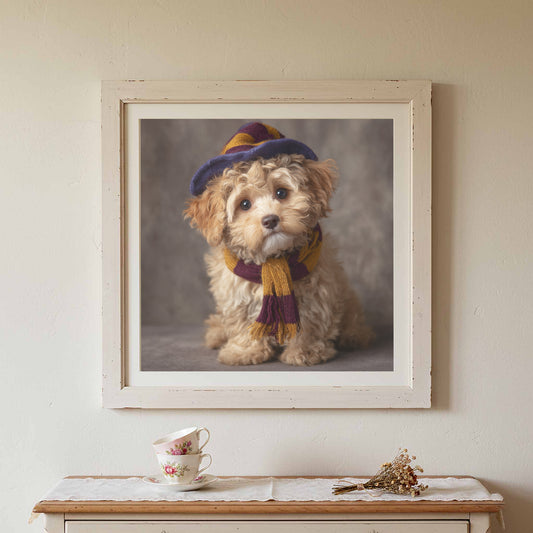 Maltipoo Dog Canvas Print – canvas print shown framed in a styled room