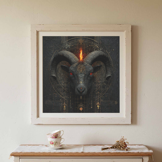 Gothic Black Goat Wall Art – canvas print shown framed in a styled room