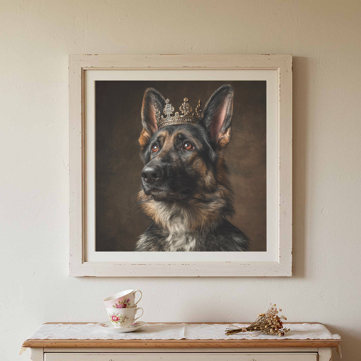 German Shepherd Dog Crown Canvas Print – canvas print shown framed in a styled room