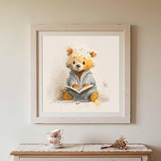 Bear Reading Book Art Print – canvas print shown framed in a styled room