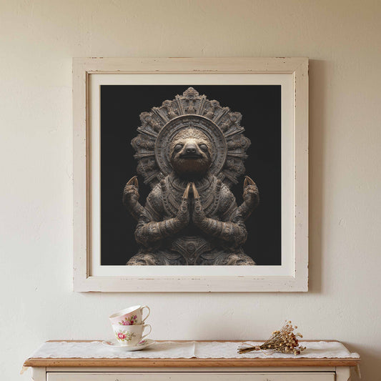 Zen Sloth Buddha Canvas Wall Art – canvas print shown framed in a styled room