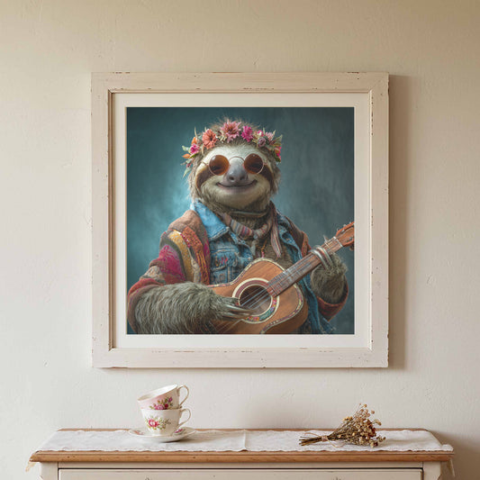 Hippie Sloth Guitar Canvas Wall Art – canvas print shown framed in a styled room