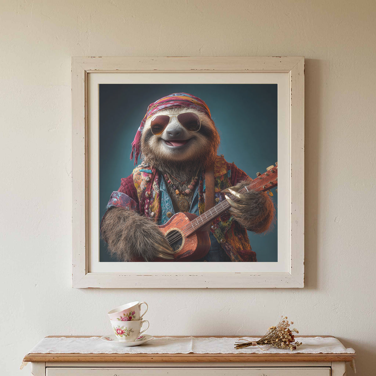 Hippie Sloth Guitar Canvas Art – styled room view 2