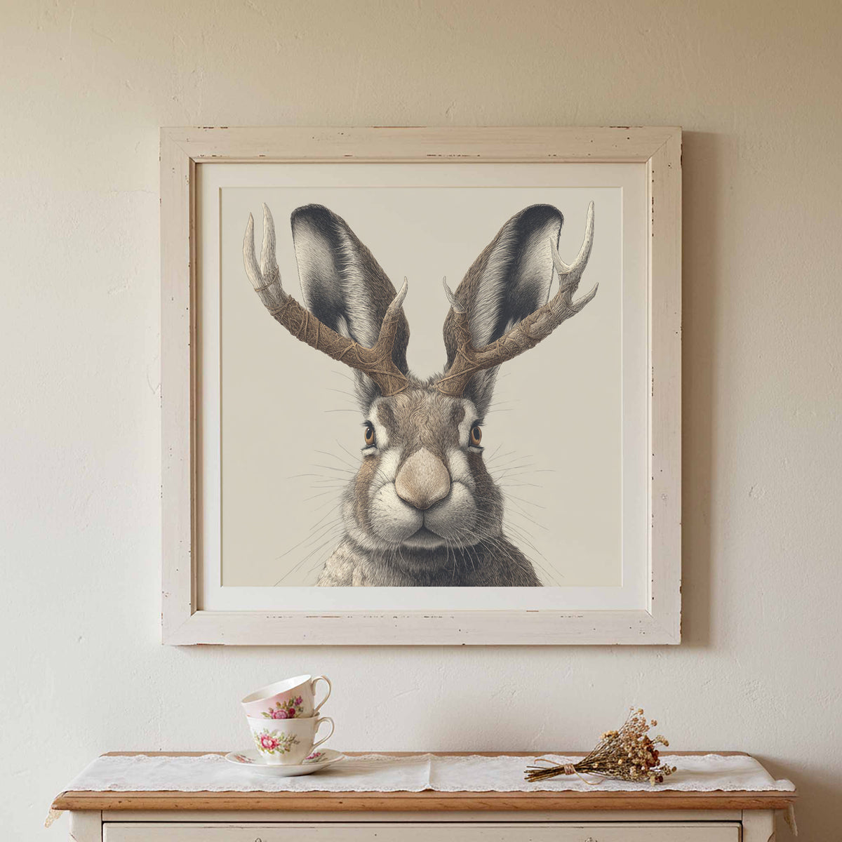 Jackalope Art Print – canvas print shown framed in a styled room