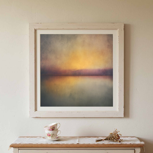 Abstract Sunset Canvas Wall Art – canvas print shown framed in a styled room