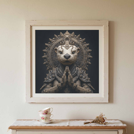 Buddha Otter Wall Art – canvas print shown framed in a styled room