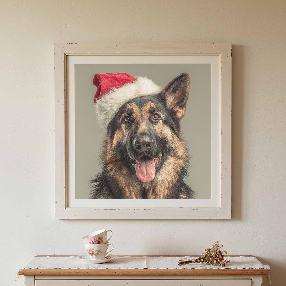 German Shepherd Santa Hat Canvas Print – styled room view 4