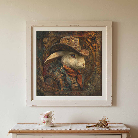Steampunk Western Rabbit Canvas Print – canvas print shown framed in a styled room