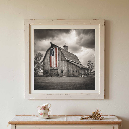 Patriotic Barn American Flag Wall Art – canvas print shown framed in a styled room