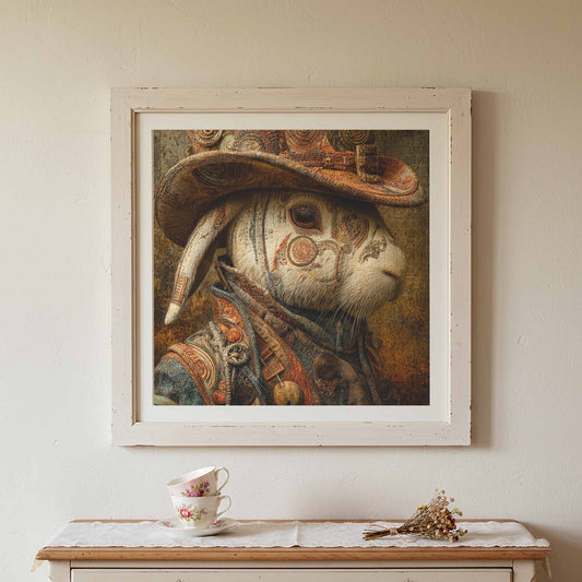 Western Rabbit Portrait Wall Art – canvas print shown framed in a styled room
