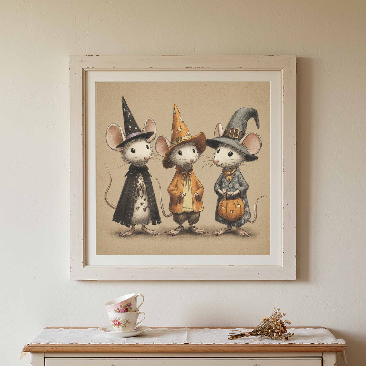 Halloween Mice Canvas Wall Art – canvas print shown framed in a styled room