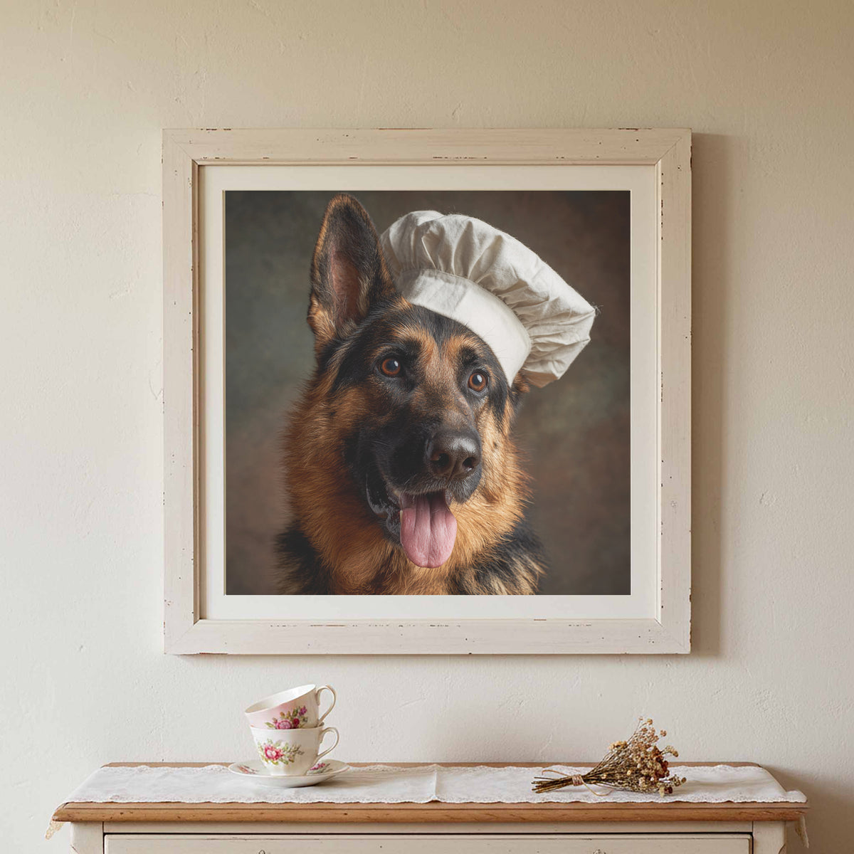 German Shepherd Chef Canvas Print – canvas print shown framed in a styled room