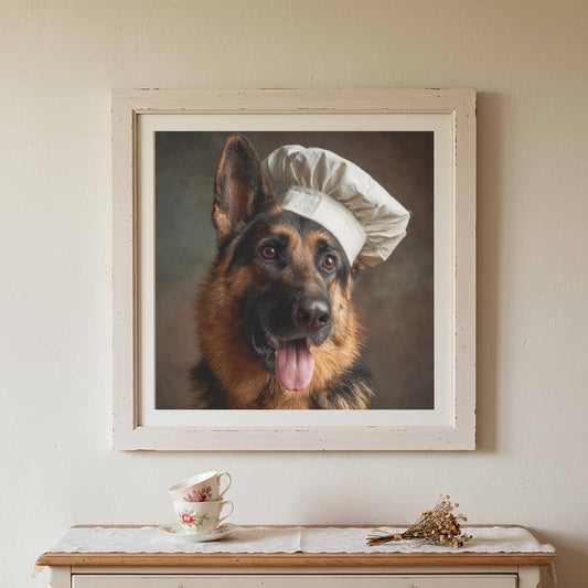 German Shepherd Chef Canvas Print – canvas print shown framed in a styled room