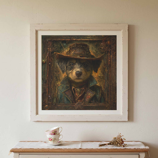 Steampunk Cowboy Dog Wall Art – canvas print shown framed in a styled room