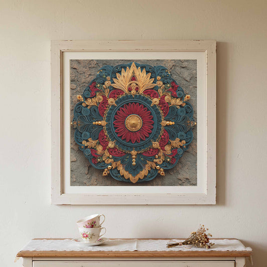 Indian Mandala Canvas Wall Art – canvas print shown framed in a styled room