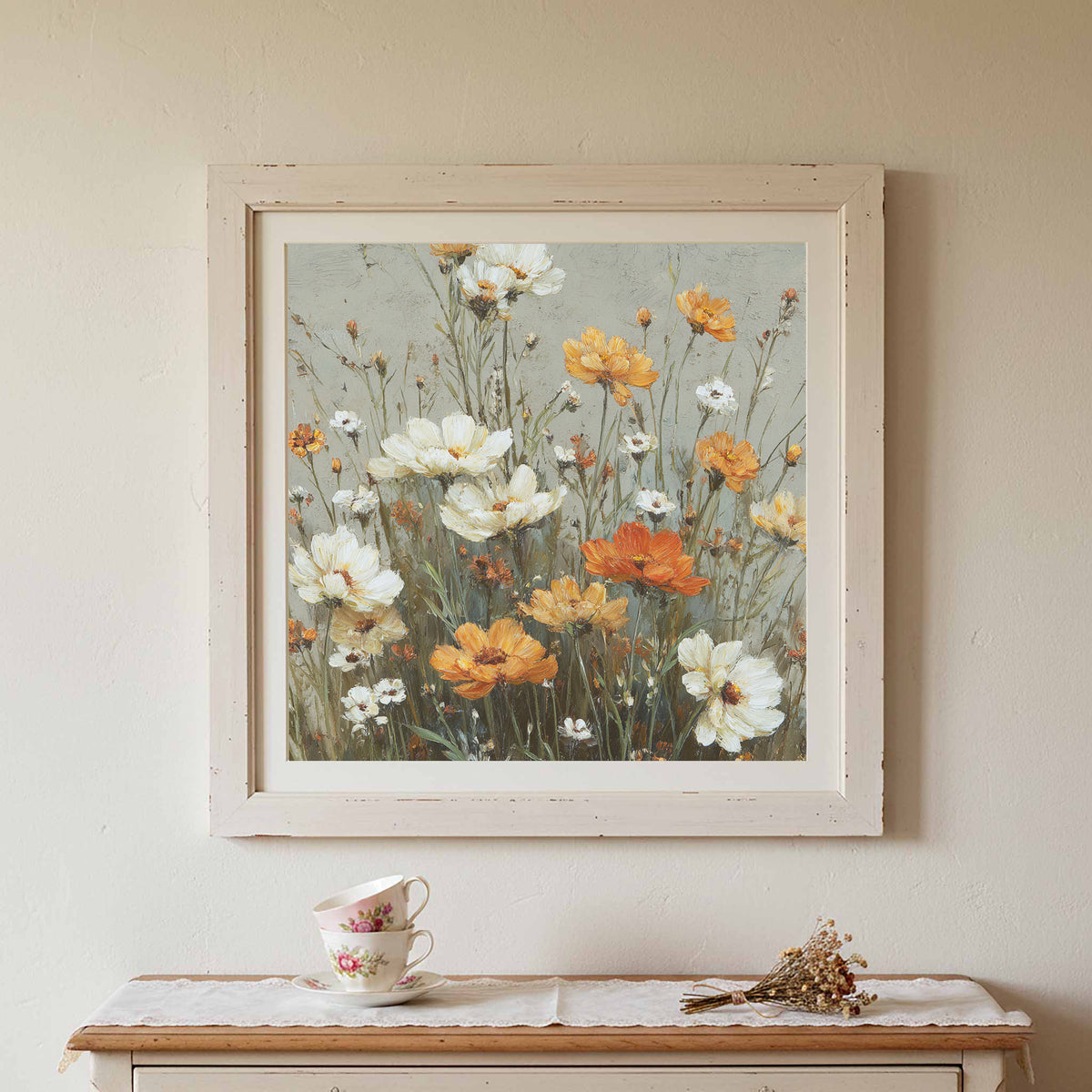 Vintage Wildflower Canvas Print – canvas print shown framed in a styled room