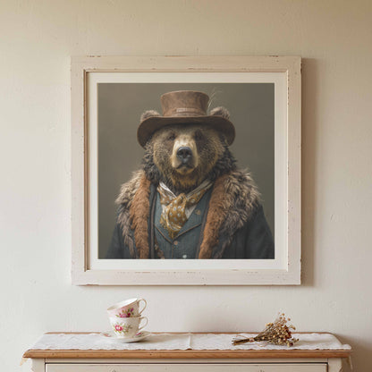 Western Bear Gentleman Canvas Wall Art – canvas print shown framed in a styled room