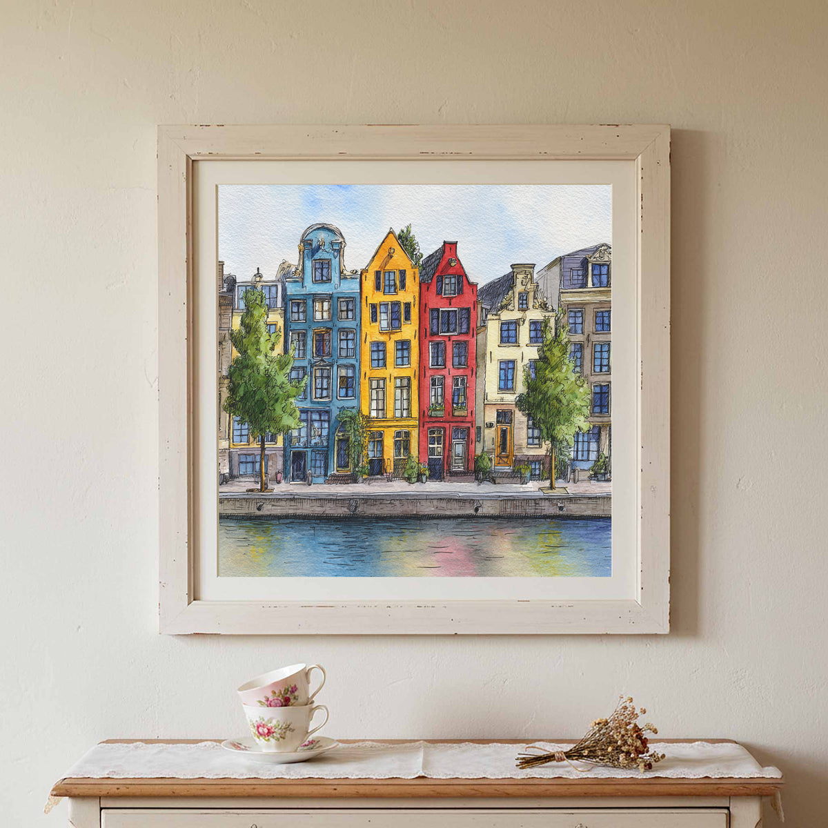 Amsterdam Canal Houses Watercolor Print – canvas print shown framed in a styled room