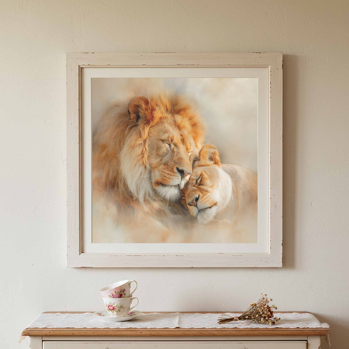 Lion Couple Canvas Art – styled room view 3