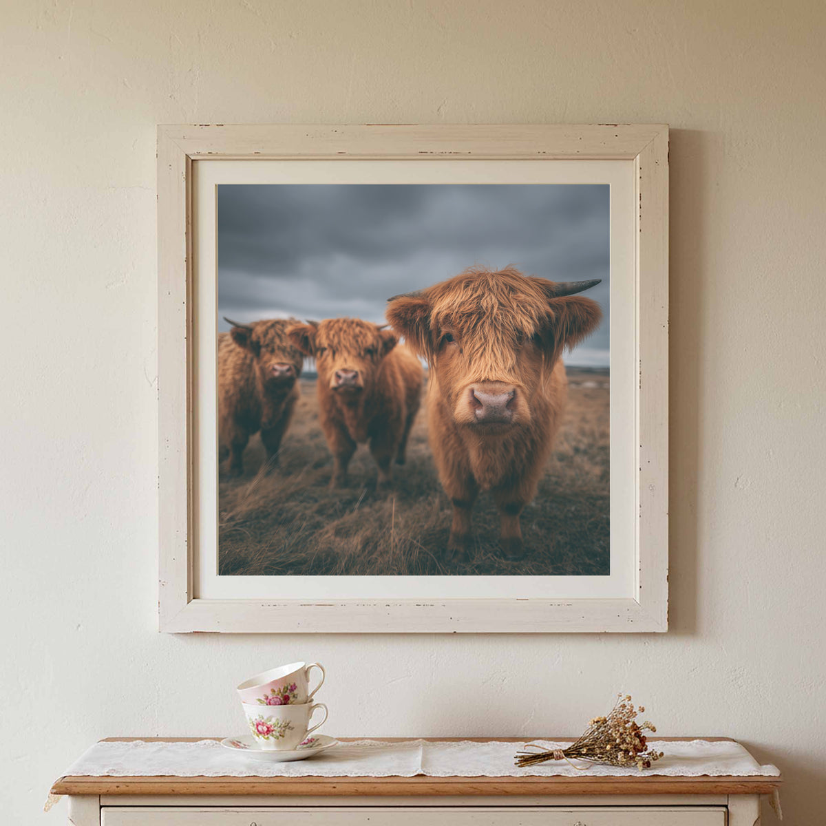 Highland Cow Canvas Wall Art – styled room view 3