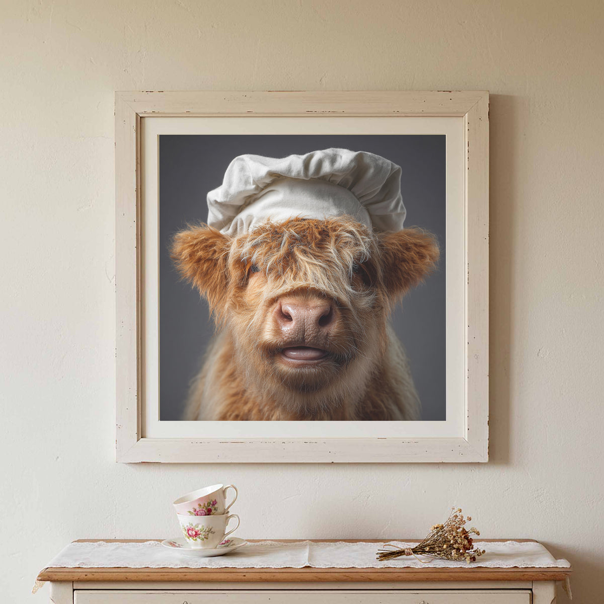 Highland Cow Chef Canvas Print – styled room view 2