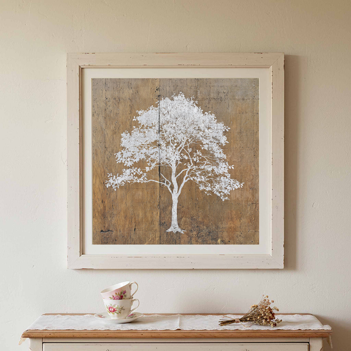 White Tree Silhouette Wall Art – canvas print shown framed in a styled room