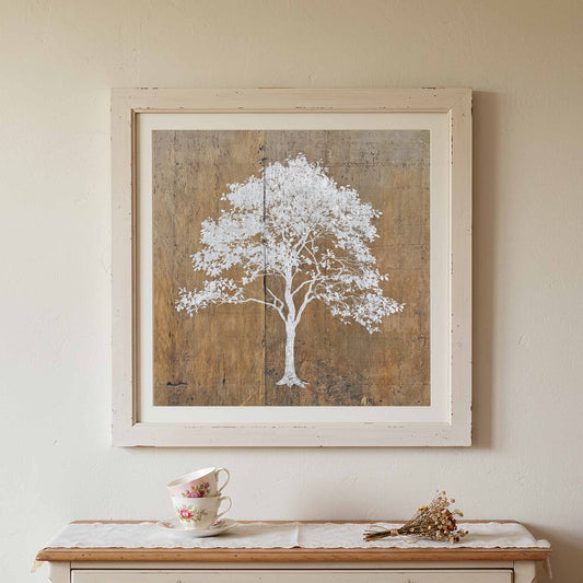 White Tree Silhouette Wall Art – canvas print shown framed in a styled room