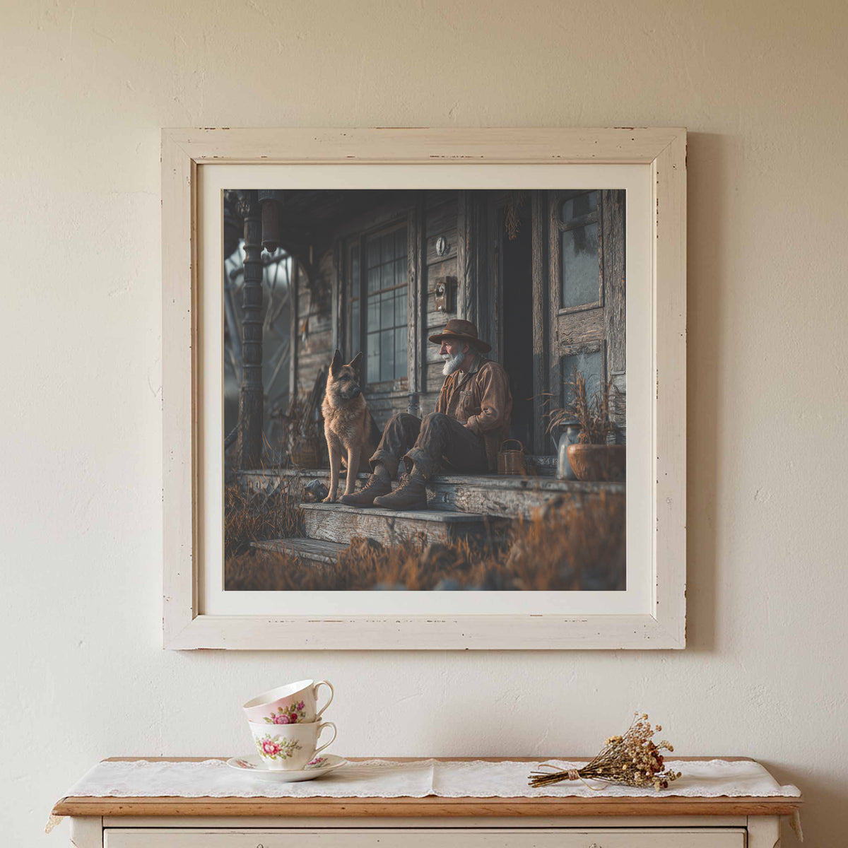 Old Man and Dog Porch Canvas Print – styled room view 4