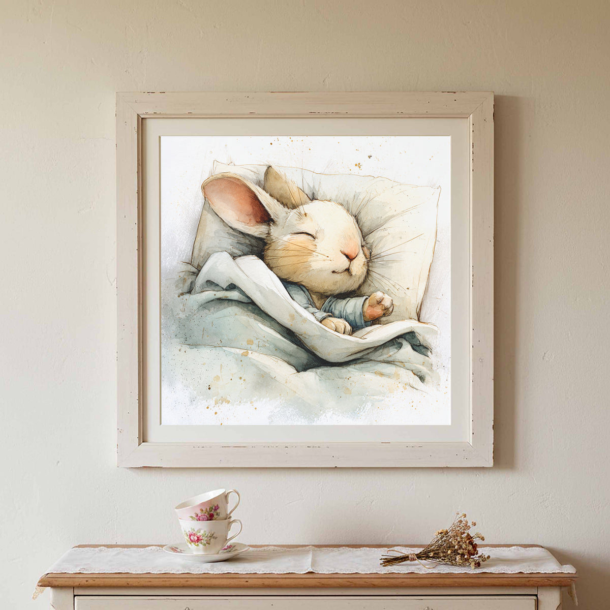 Sleeping Rabbit Canvas Print – styled room view 2
