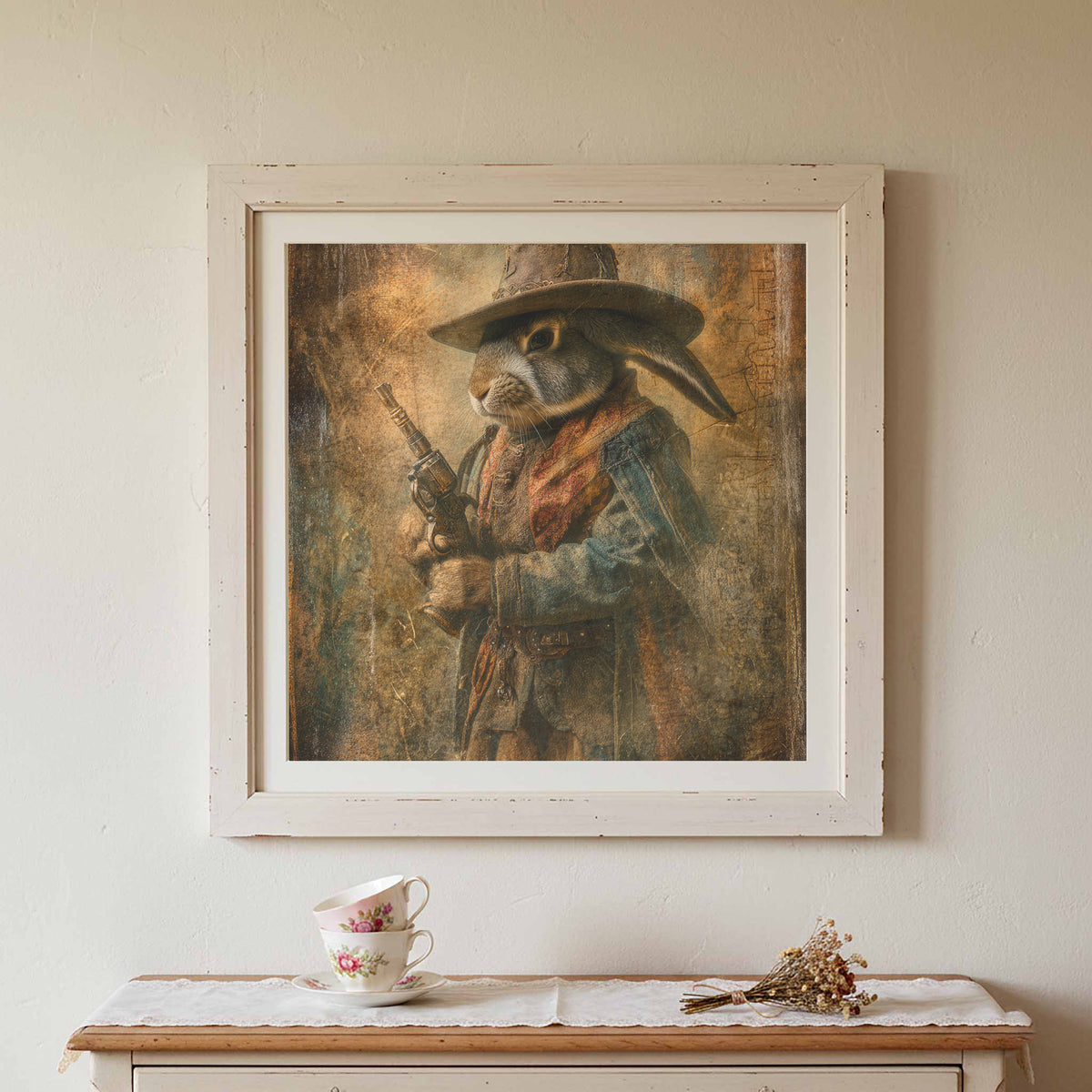 Western Cowboy Rabbit Canvas Wall Art – styled room view 3