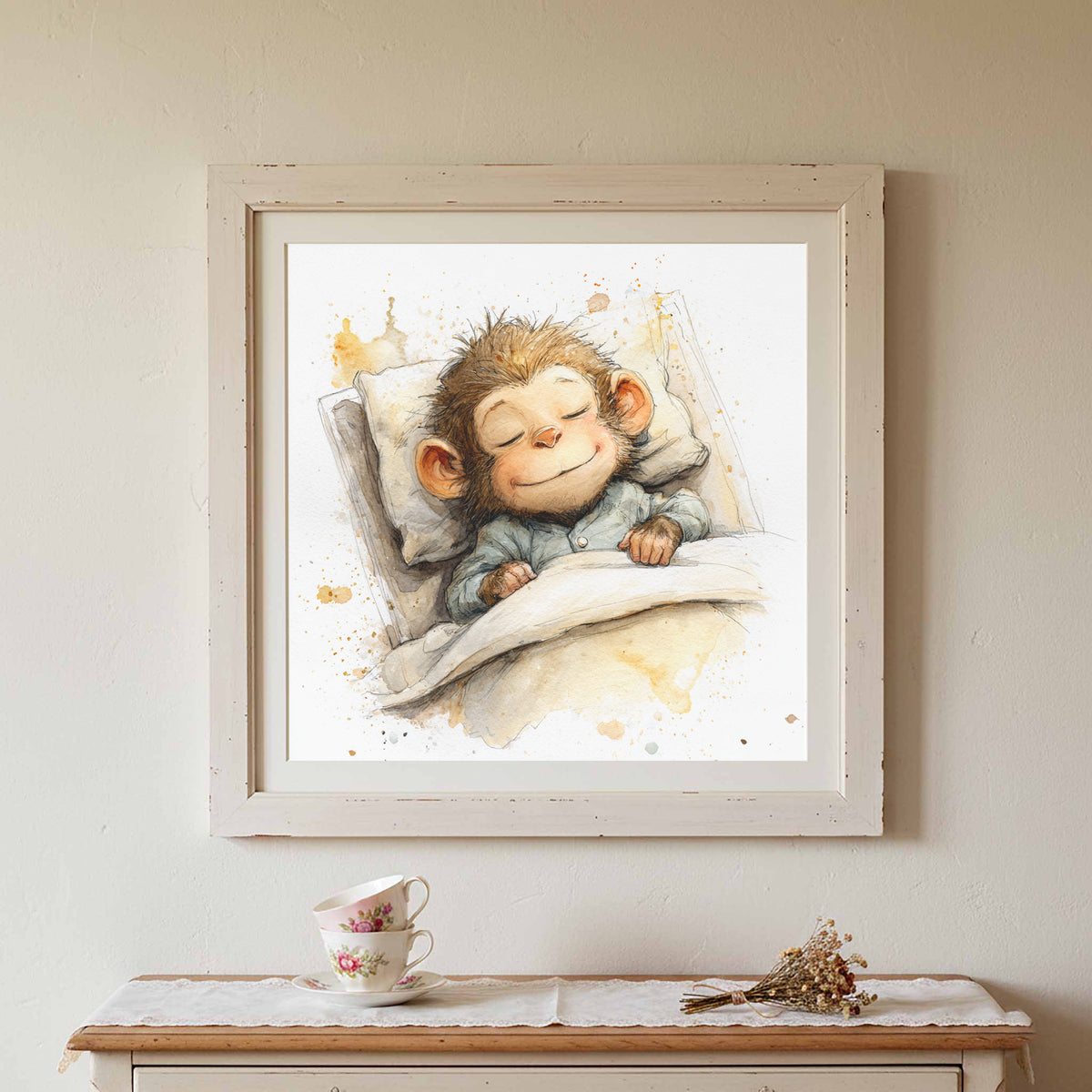 Sleeping Monkey Watercolor Print – styled room view 2