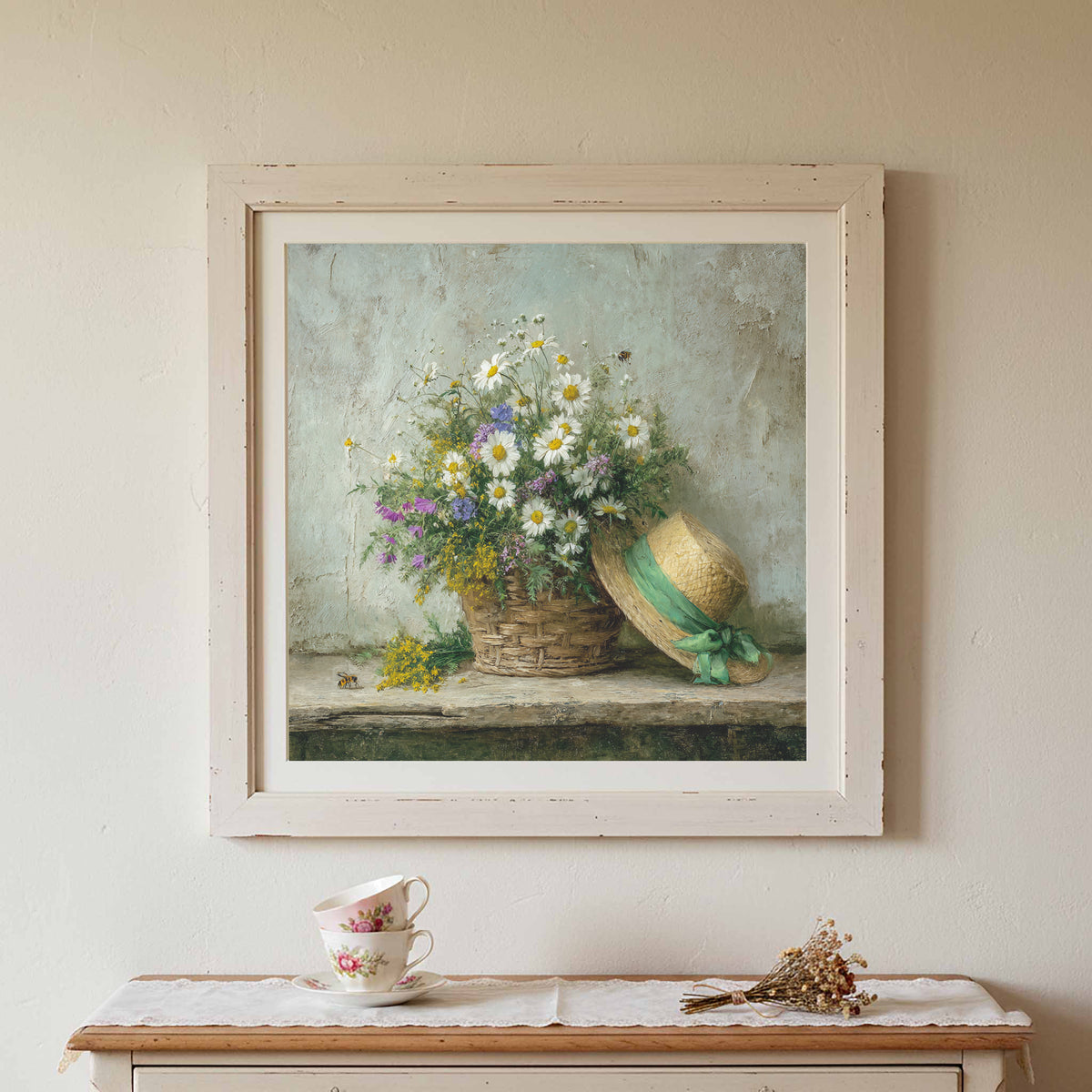 Rustic Wildflower Basket Canvas Art – canvas print shown framed in a styled room