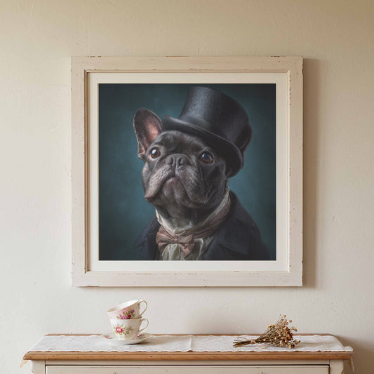 French Bulldog Top Hat Canvas Wall Art – canvas print shown framed in a styled room